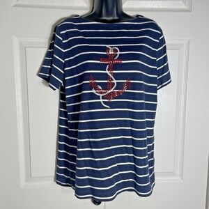 Karen Scott T Shirt Womens 0X Navy White Stripe Nautical Anchor Rhinestone Top